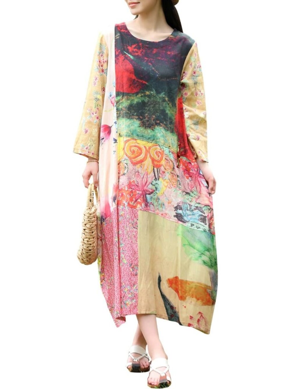 Floral Print Linen Midi Dress for Women - Casual Loose Fit Summer Swing Dress